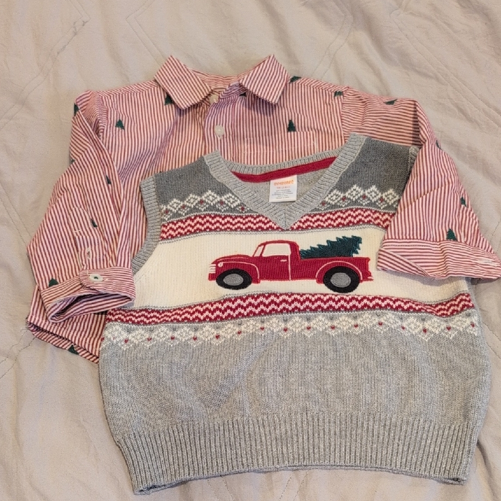 Gymboree Red and Gray Truck Sweater Vest with Striped Shirt